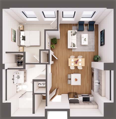 A modern, white-walled apartment with a kitchen, living room, and bathroom.