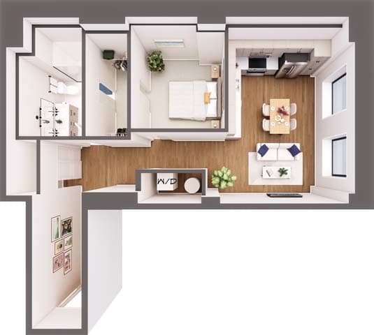 A top down view of a modern apartment with a kitchen, living room and two bedrooms.