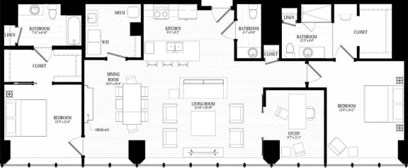 2 bedroom 2 bathroom Penthouse Suite Style PH-A - 2D Floor Plan at Residences at 55, Ohio