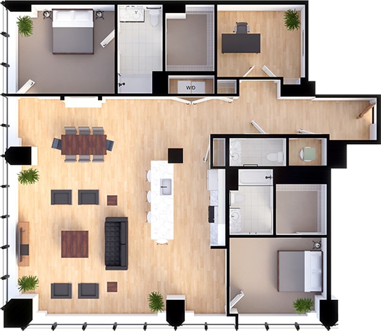 Floor Plan  2 bedroom 2 bathroom Penthouse Suite Style PH-C - 3D Floor Plan at Residences at 55, Cleveland, OH