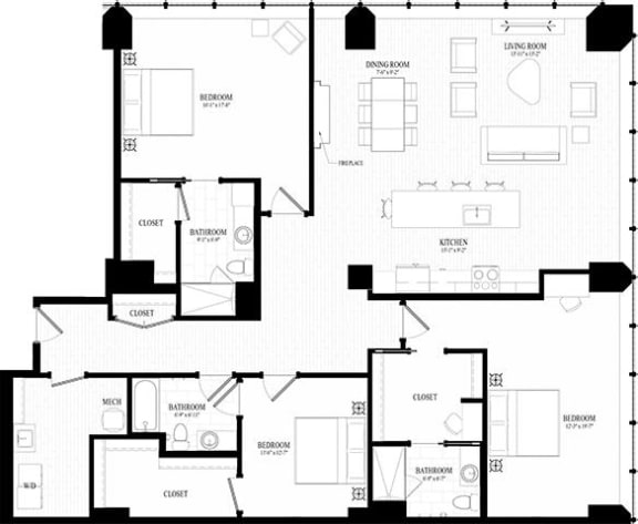 Three bedroom 3 bath floorplan at Residences at 55 Apartments, Ohio