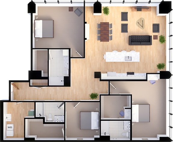 Three bed two bath 3D floorplan at Residences at 55 Apartments, Ohio, 44113