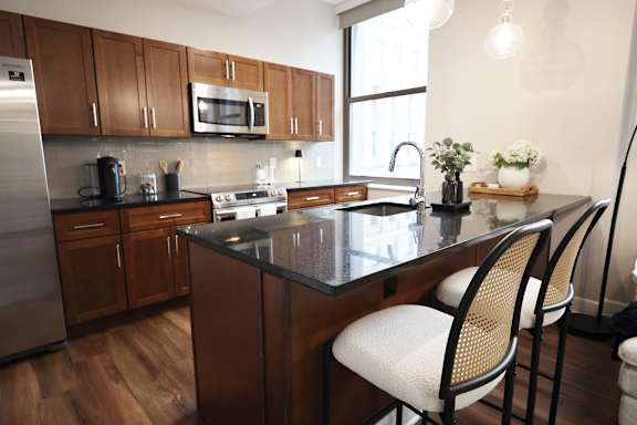 Kitchen Island at The Terminal Tower Residences Apartments, Cleveland, 44113