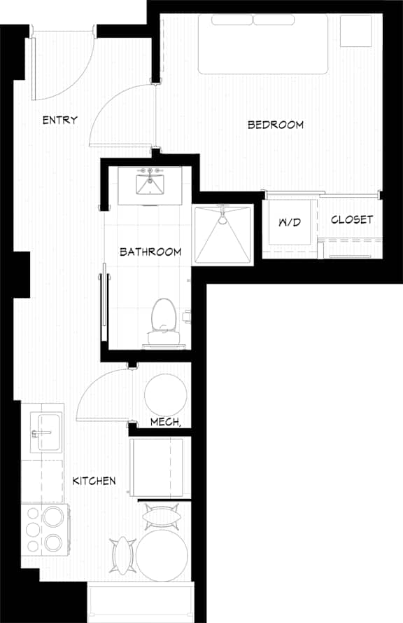 A floor plan of a house with a kitchen, bathroom, bedroom, and closet.