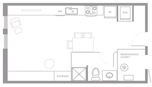 A floor plan of a room with a storage area and a maintenance closet.