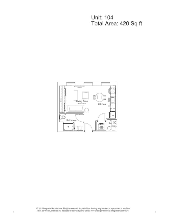 A floor plan for a 104 unit apartment complex with a total area of 420 square feet.