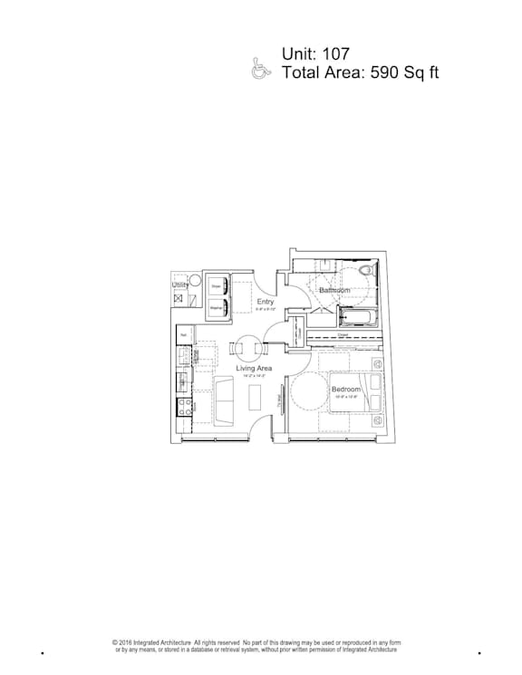 A floor plan for a 107 unit apartment complex with a total area of 590 square feet.