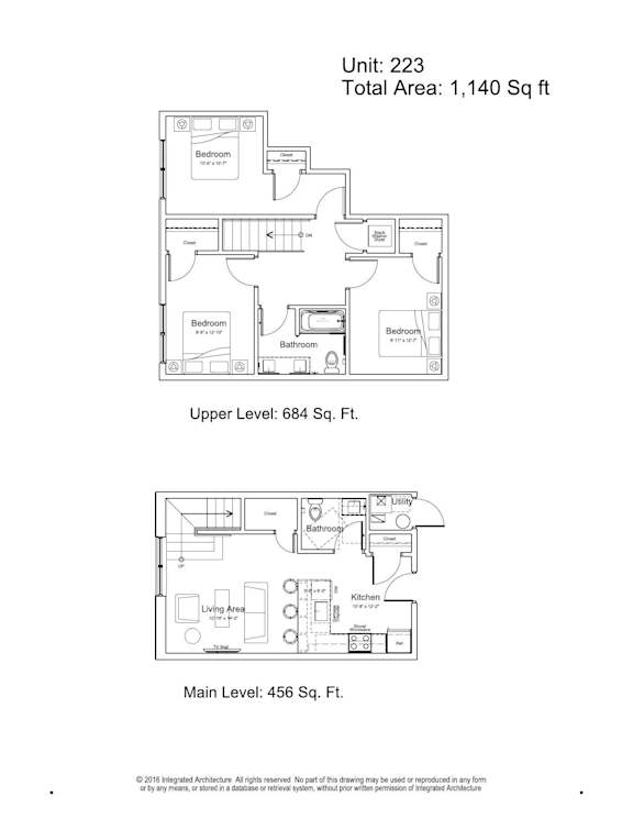 A floor plan for a two-story residential unit with a living area, bedrooms, and bathrooms.
