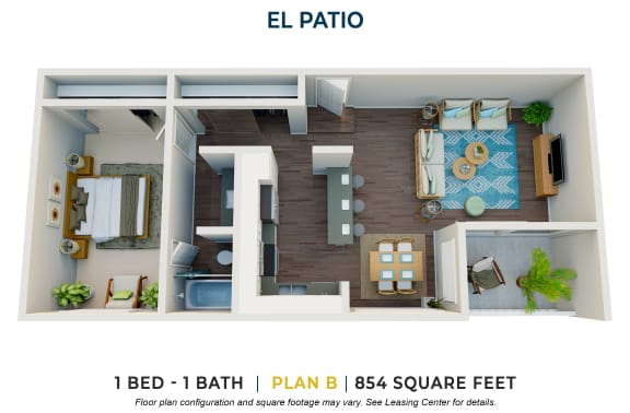 One Bedroom Plan B FloorPlan Image at El Patio Apartments, Glendale, CA