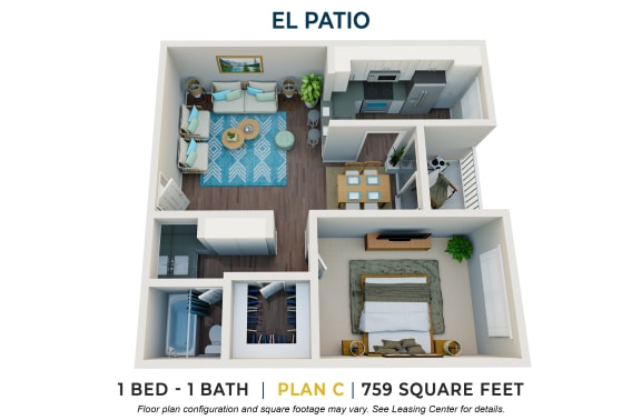 One Bedroom Plan C FloorPlan Image at El Patio Apartments, Glendale, California, 91207