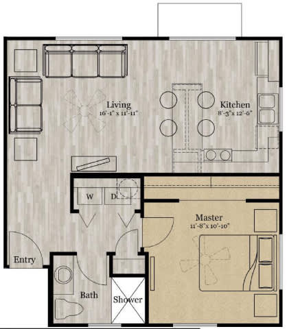 A floor plan of a house with a living room, kitchen, bathroom, and master bedroom.