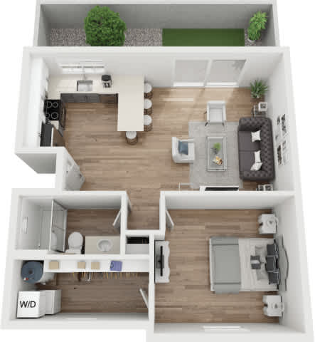 A 3D floor plan of a house with two bedrooms, a living room, a kitchen, and a bathroom.
