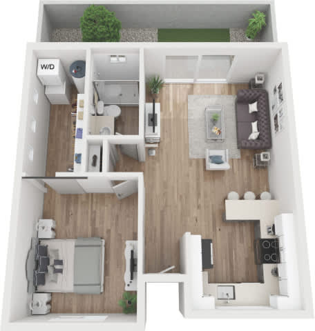 A floor plan of a small apartment with a living room, kitchen, and bathroom.