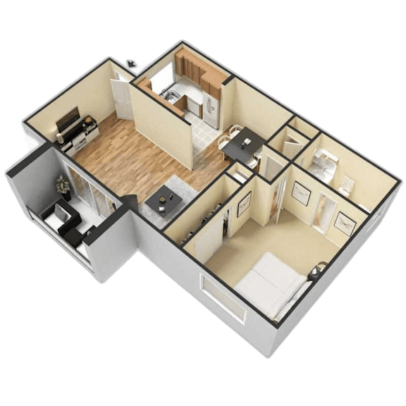 A 3D floor plan of a house with a living room, kitchen, and two bedrooms.