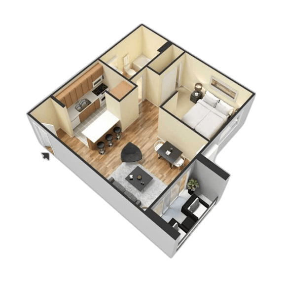 A 3D floor plan of a small apartment with two bedrooms and a living area.
