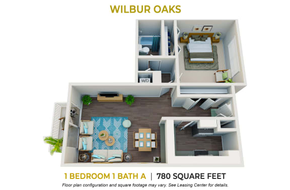 1 bedroom 1 bathroom floor plan at Wilbur Oaks Apartments, Thousand Oaks