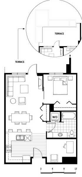 11CM Two bedroom floor plan with dual terraces at Axis Seattle Apartments, Seattle, WA