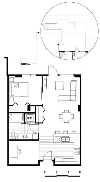 Floor Plan  11CN One bedroom floor plan with outdoor terrace at Axis Seattle Apartments, Seattle, 98109