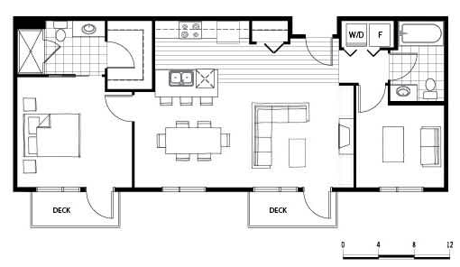 12CA_Two bedroom apartment floor plan with dual decks at Axis Seattle Apartments, Seattle, WA