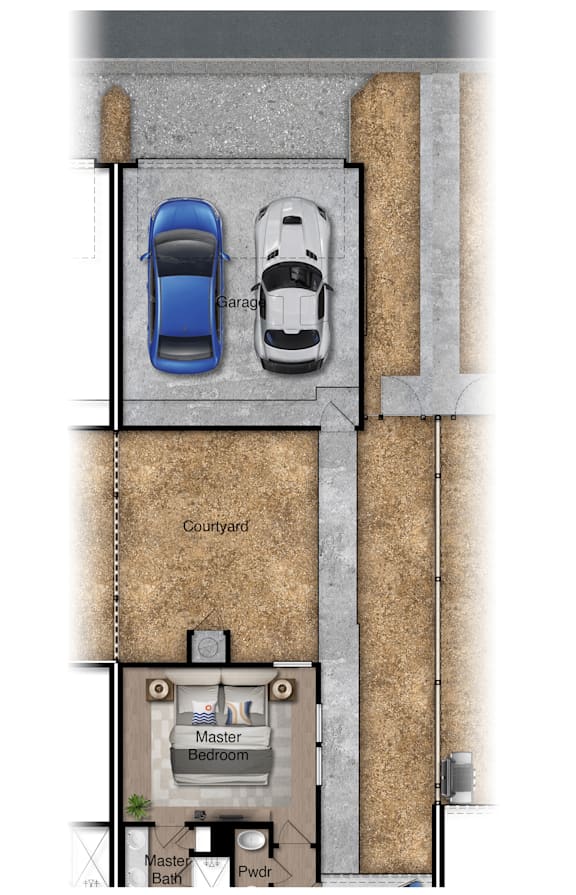 A diagram shows a courtyard with a master bedroom and a master bath.