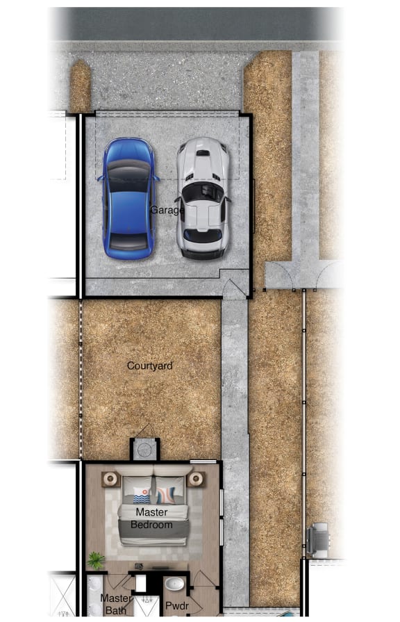 a floor plan of a town house with two cars in the garage