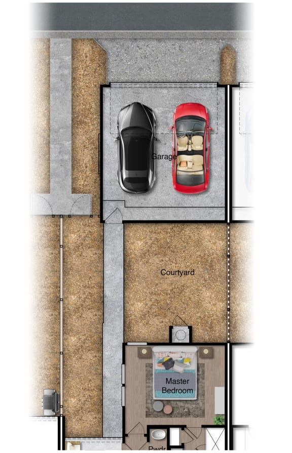 a rendering of a floor plan with a car and a garage door