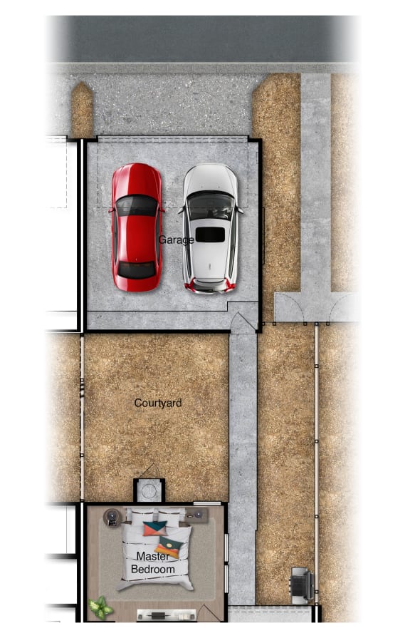 a floor plan of a town house with a car parked in the garage