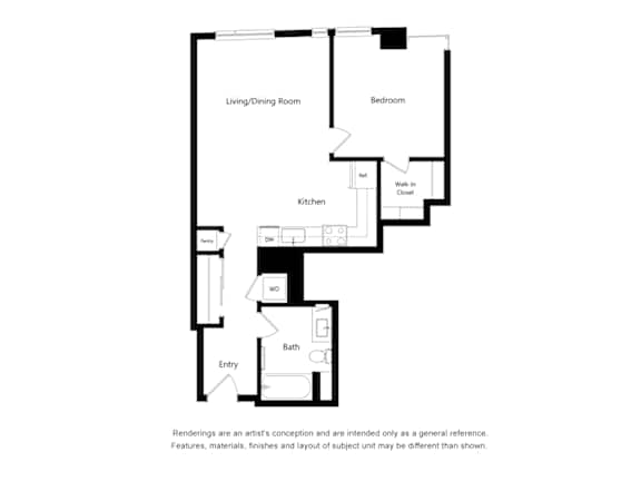 A floor plan of a small apartment with a living/dining room, kitchen, bath, and bedroom.