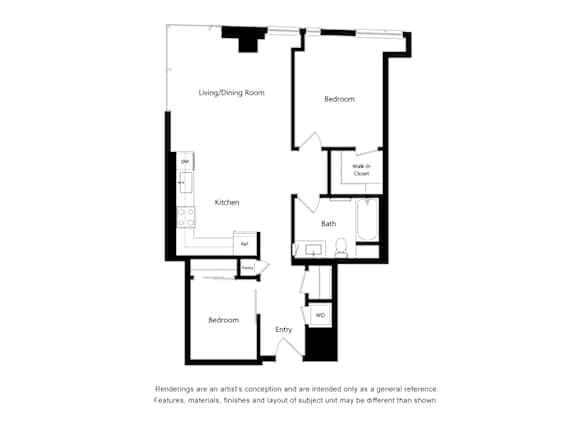 A black and white drawing of a house layout with a living/dining room, kitchen, two bathrooms, and two bedrooms.