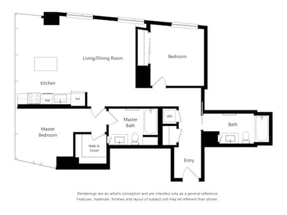 A black and white floor plan of a house with a living room, kitchen, two bedrooms, and a bathroom.