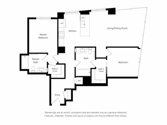 Floor Plan  A black and white drawing of a house layout with a living/dining room, kitchen, two bathrooms, two bedrooms, a walk-in closet, and an entry.