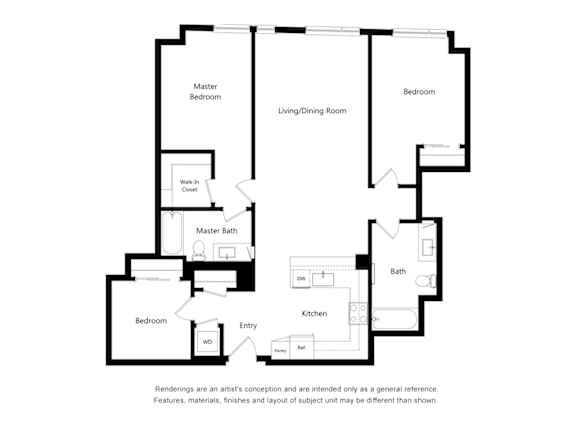 A black and white drawing of a house layout with a living room, dining room, kitchen, and two bedrooms.