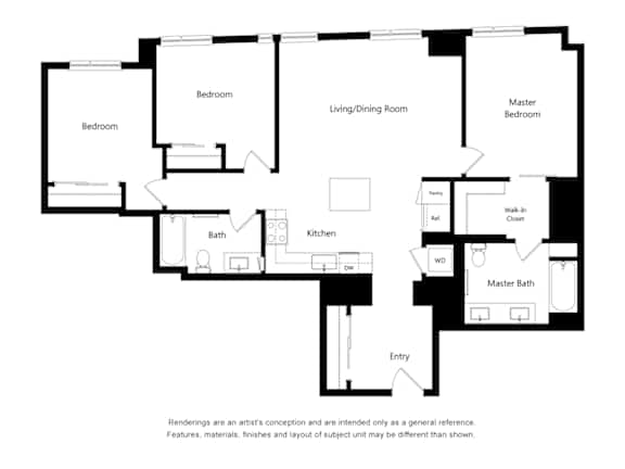 A floor plan of a house with two bedrooms, a living/dining room, a kitchen, a master bedroom with an ensuite, a master bath, and an entry.