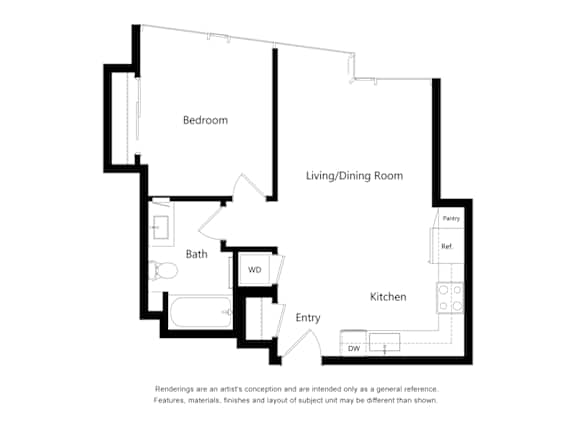 A floor plan of a house with a bedroom, living/dining room, kitchen, bath, pantry, and entry.