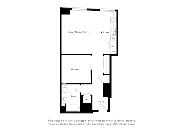 A black and white floor plan of a small apartment with a living/dining room, kitchen, bedroom, and bath.