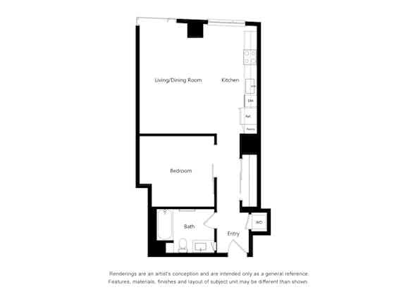 Floor Plan  A floor plan of a small apartment with a living/dining room, kitchen, bedroom, bathroom, and entry way.
