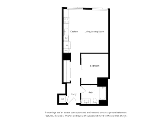 Floor Plan  A floor plan of a small apartment with a kitchen, living room, bedroom, and bathroom.