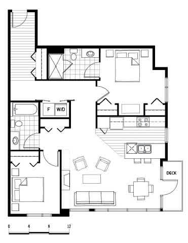 22CB Two bedroom floor plan with two bathrooms at Axis Seattle Apartments, Seattle, Washington