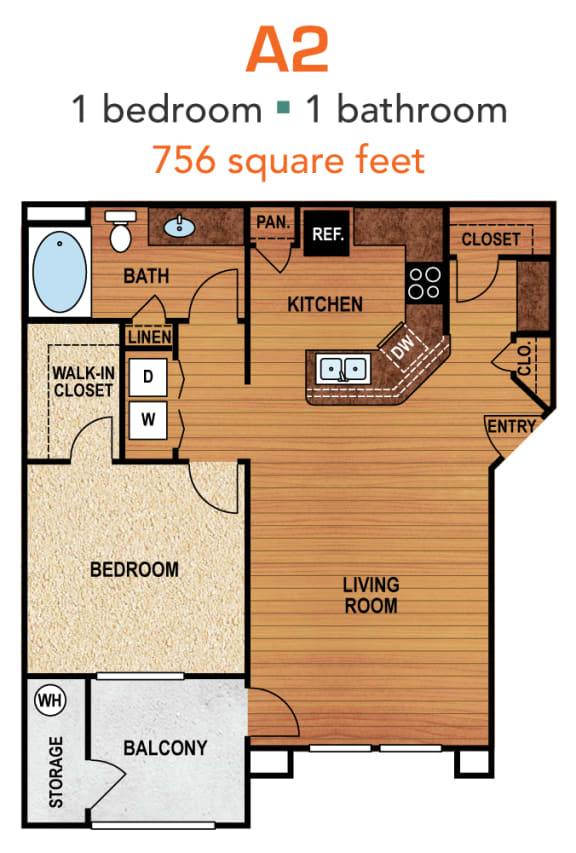 Floor Plan  A2 (Premium) - 1 bed 1 bath 756 sqft