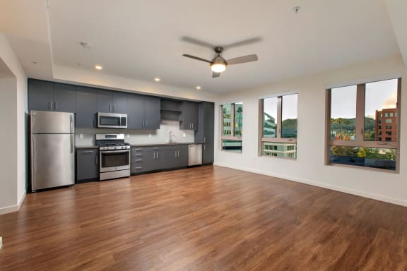 wood flooring in unfurnished living room at Imperial Hardware Lofts, Riverside, 92501
