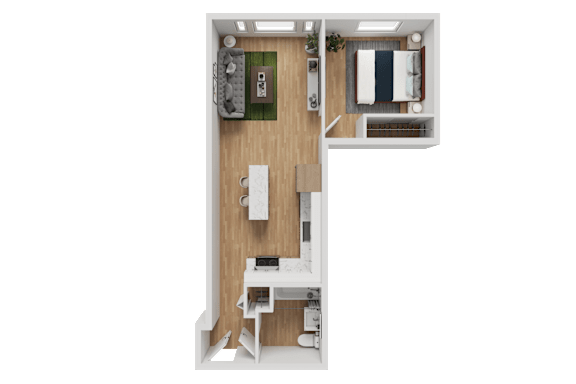 3D floor plan with one bedroom layout at Noda Apartments, Washington, 98101