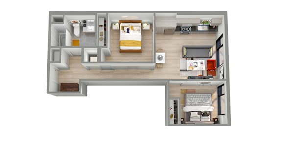 a stylized floor plan of a bedroom and living room