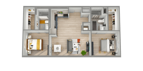 a 3d rendering of a floor plan with a bedroom and a bathroom