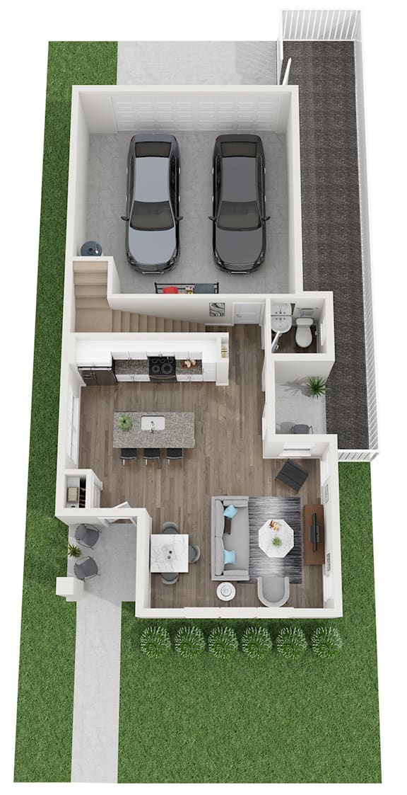 A top down view of a house with a living room, kitchen, and two bedrooms.