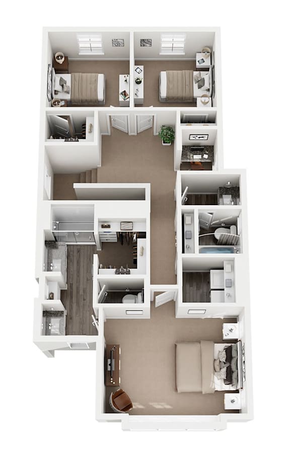 A floor plan of a house with multiple rooms and furniture layouts.