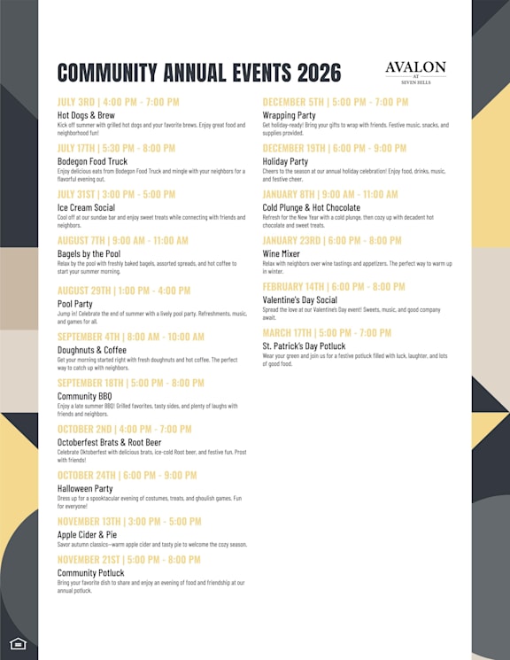 A flyer for the Community Annual Events 2026, listing various events and their dates.