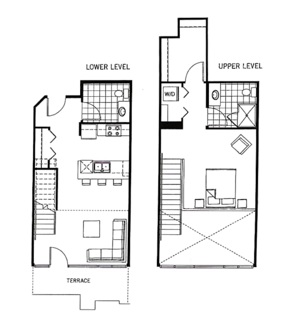 A floor plan shows the layout of a lower level and upper level with a terrace in between.