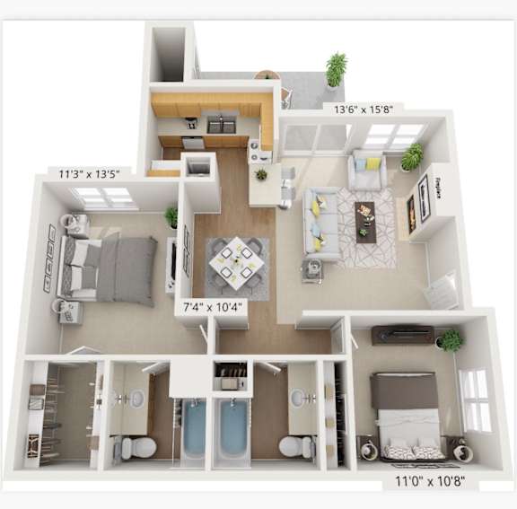 A detailed 3D floor plan of a small apartment layout.