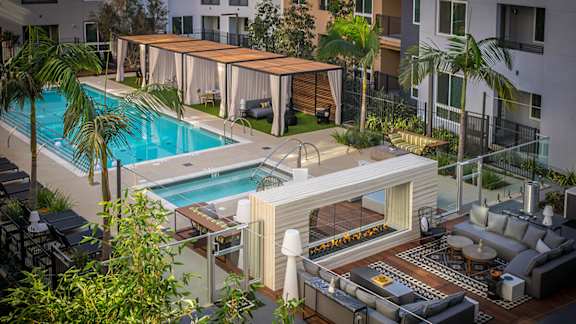 Drone Pool View at Baker Block, Costa Mesa, CA, 92626