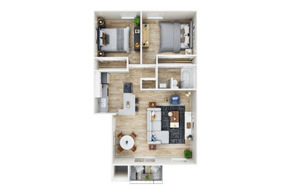 The Alderwood - 3D floor plan - 2 bed 1 bath
